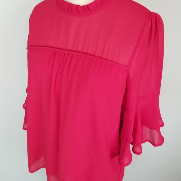 Monteau Red Blouse with Flared Ruffled 3/4 Sleeves & Collar Women's Size Large - Picture 4 of 9